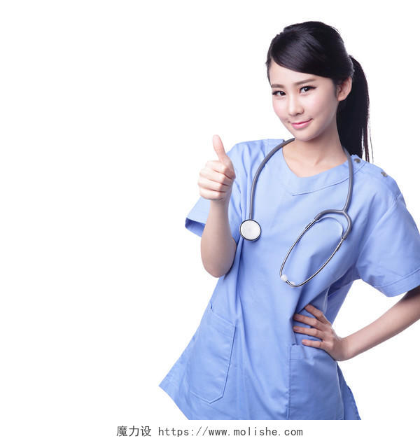 女医生站在白色背景前加油点赞亚洲医生医生的手医生手势点赞手势
